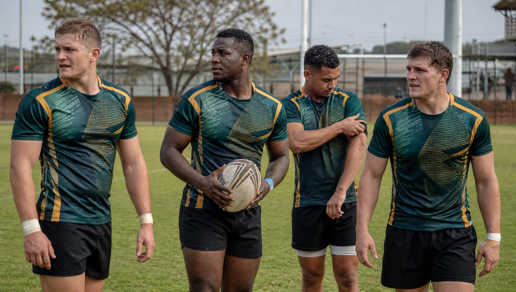 All-male Pretoria rugby group wearing realistic full-colour sublimated kits at a local training ground.