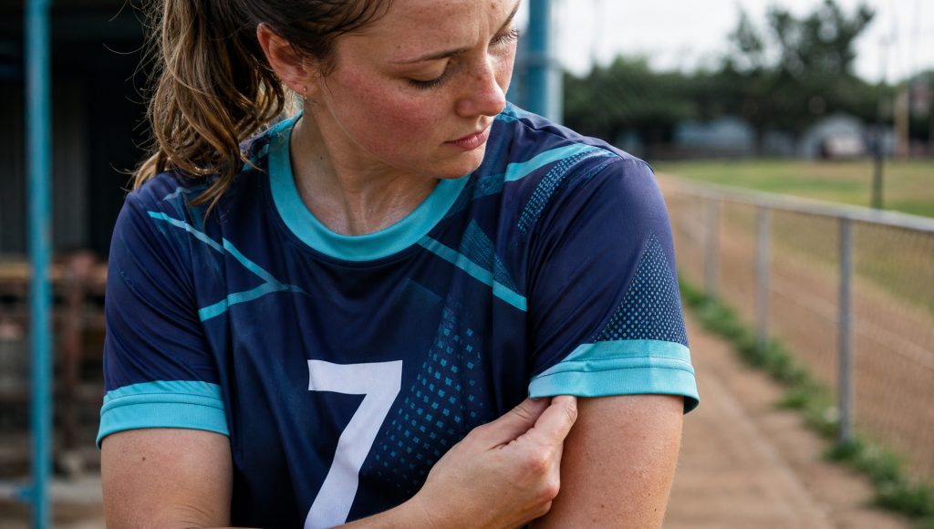 Close-up of a sublimated sports jersey showing fabric texture, seams and number detail after training.