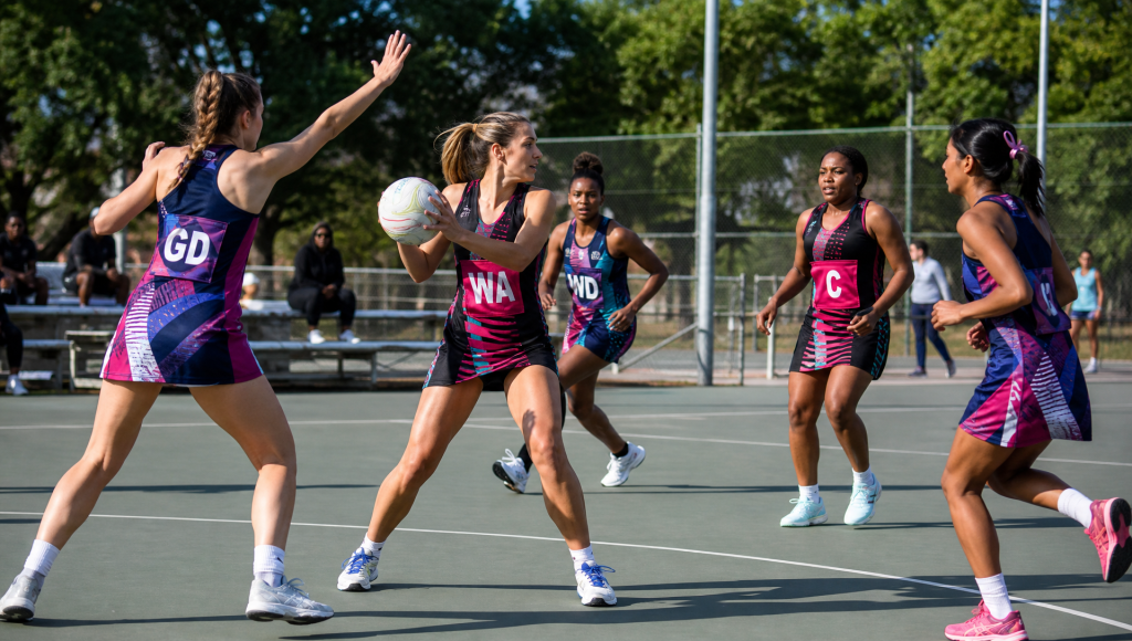All-female Pretoria netball team playing in full-colour sublimated dresses on a local court.