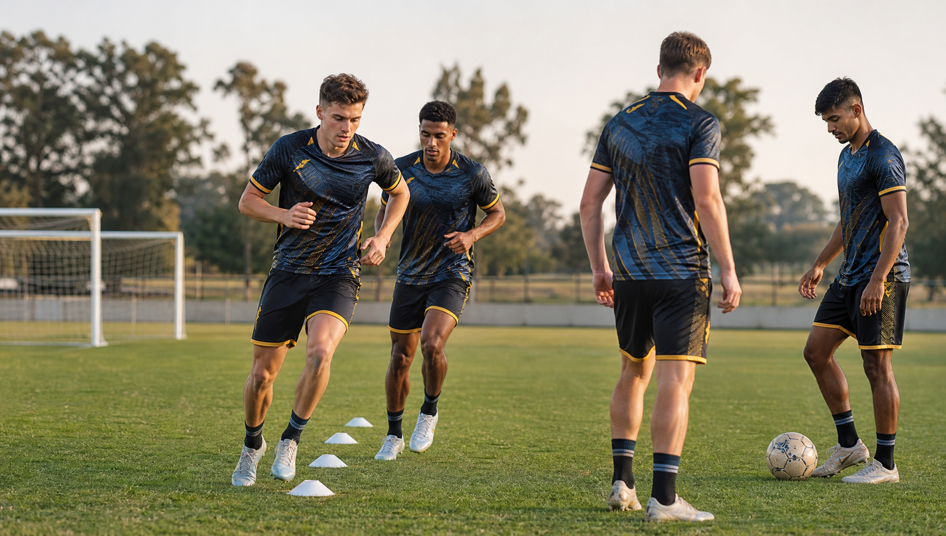 Young adult South African football players warming up in coordinated custom teamwear on a Gauteng field.