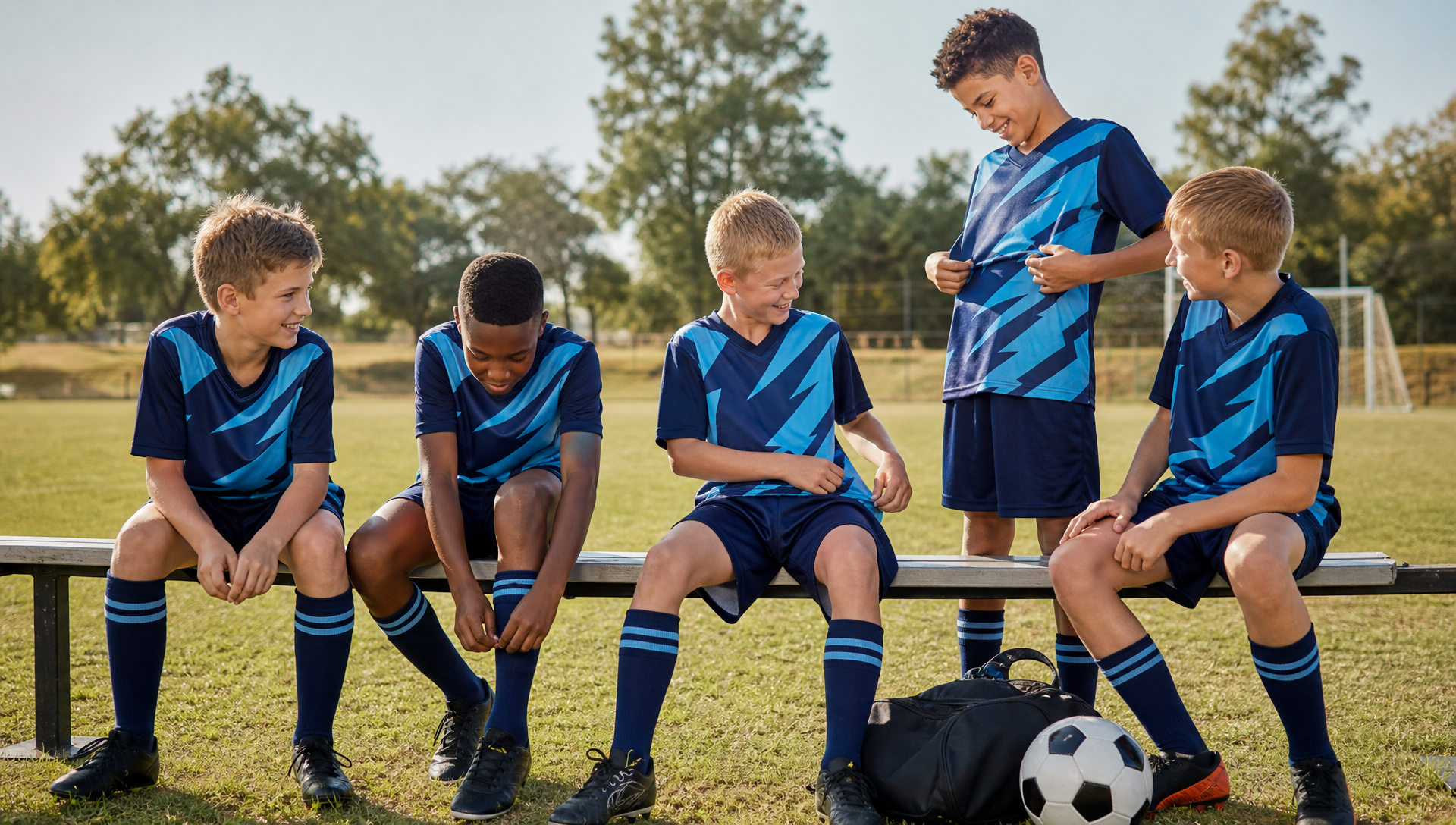 South African primary-school boys in coordinated custom football kit beside a school field.