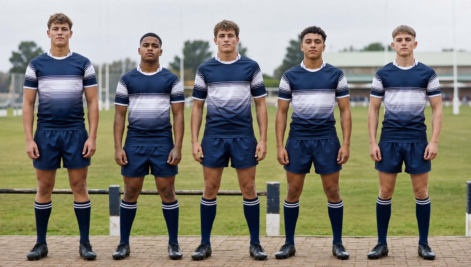 South African high-school rugby team lined up in coordinated uniforms with realistic fit variation.