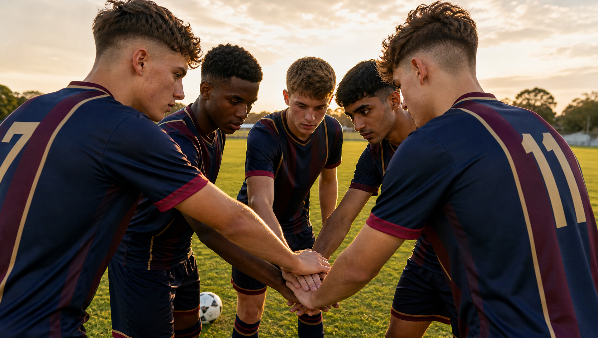 South African high-school boys in coordinated custom football kit huddling on a Gauteng field.