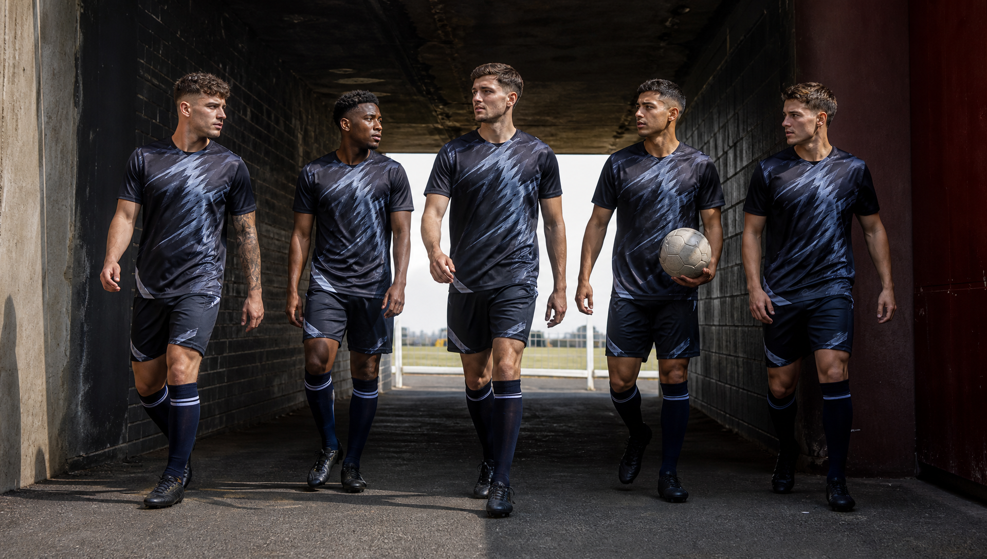 South African young adult football team in coordinated custom kit walking through a sports tunnel.