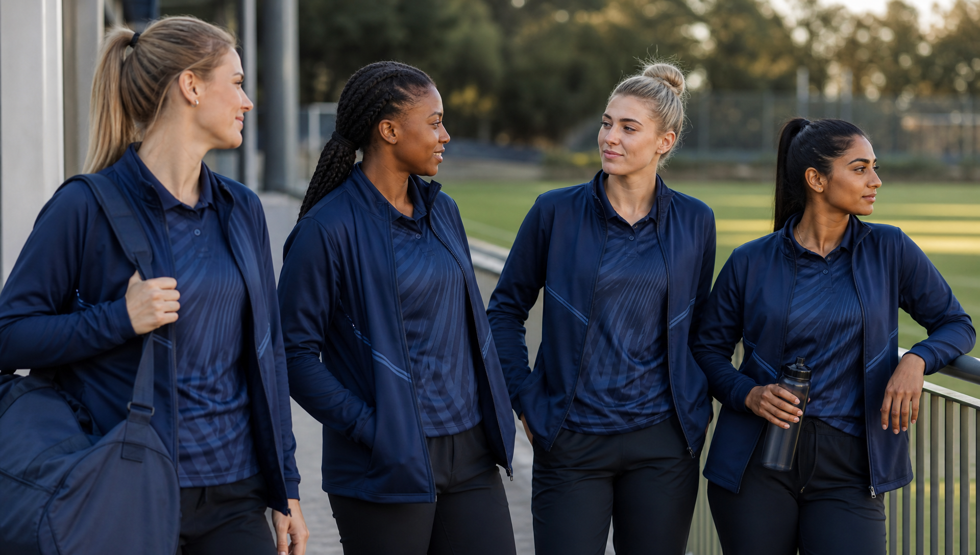 South African professional women athletes in coordinated polos and team jackets beside a Gauteng field.