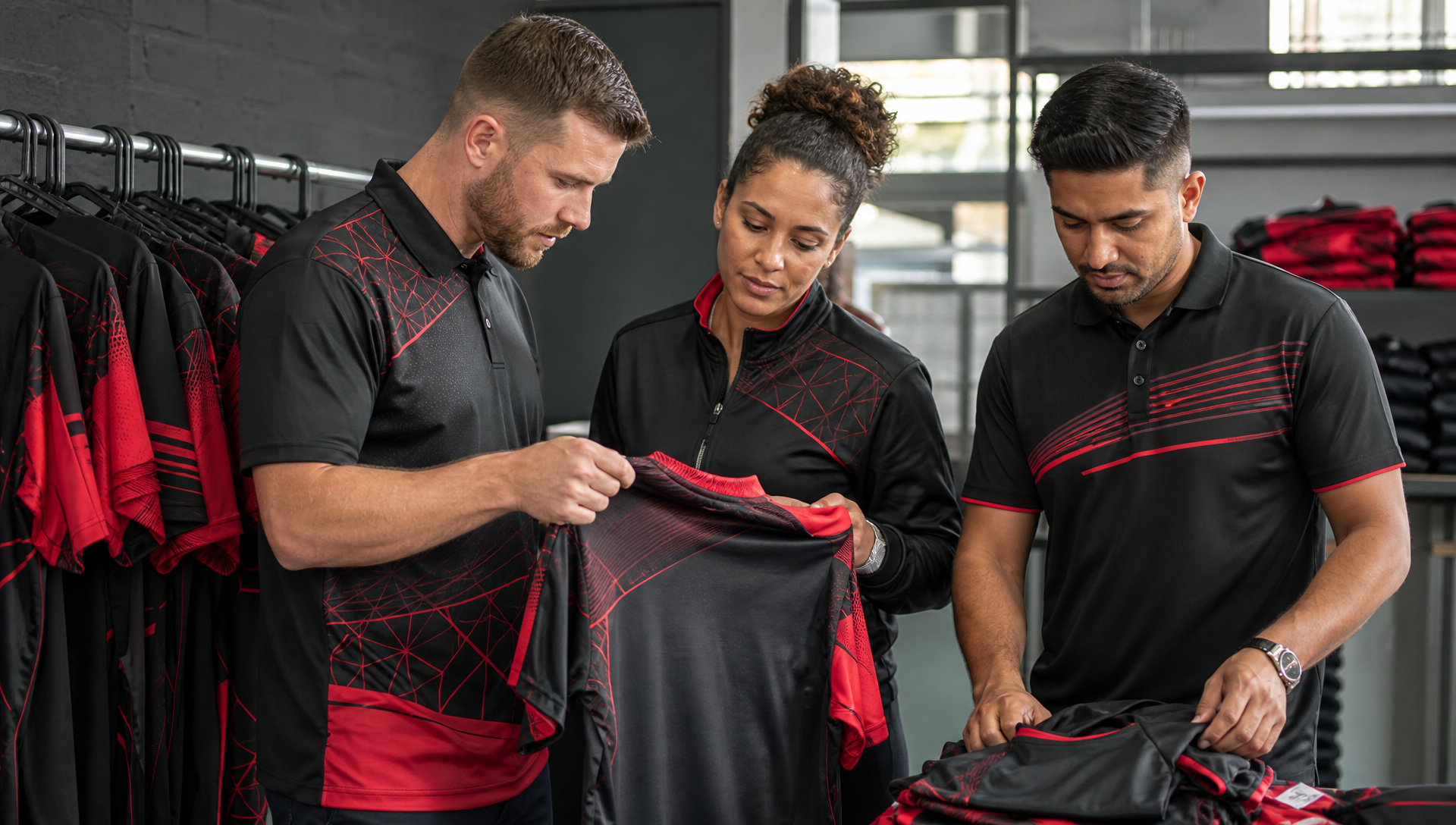 South African sportswear staff checking finished sublimated and embroidered teamwear beside a garment rail.